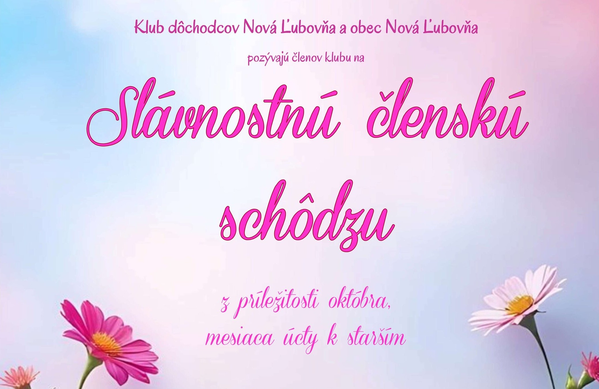Slávnostná členská schôdza Klubu dôchodcov Nová Ľubovňa - 07.10.2026 o 11.00 hod.